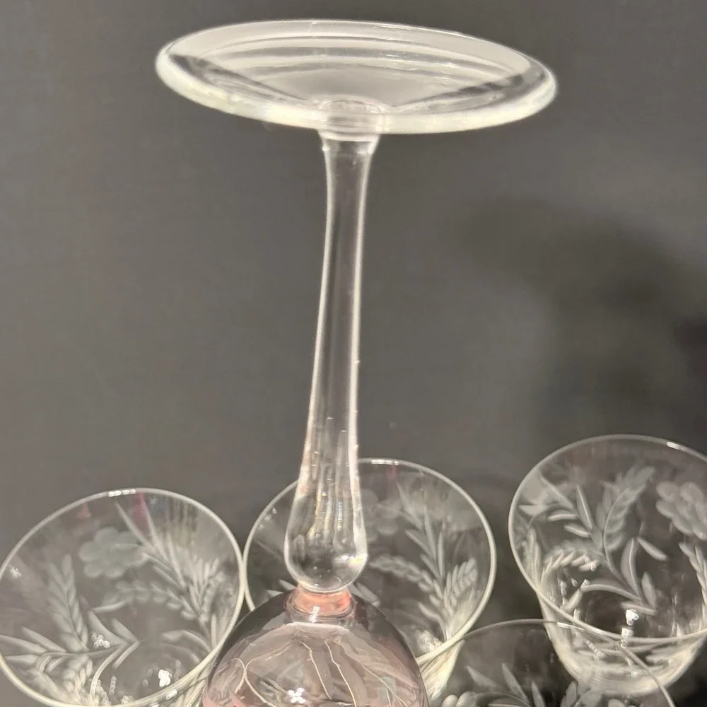 Vintage Etched Crystal Cordial Sherry Glasses Floral Leaf Long Stem Set of 8